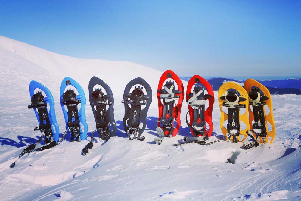 Verschiedene Schneeschuhe aufgereiht im Schnee